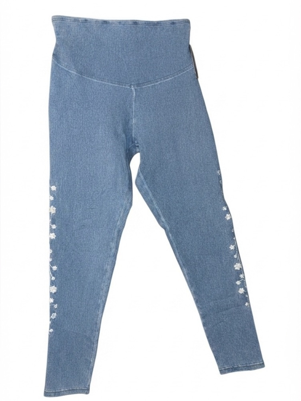 Yummie Light Wash Denim Legging with Side Floral Embroidery Size Medium NWT